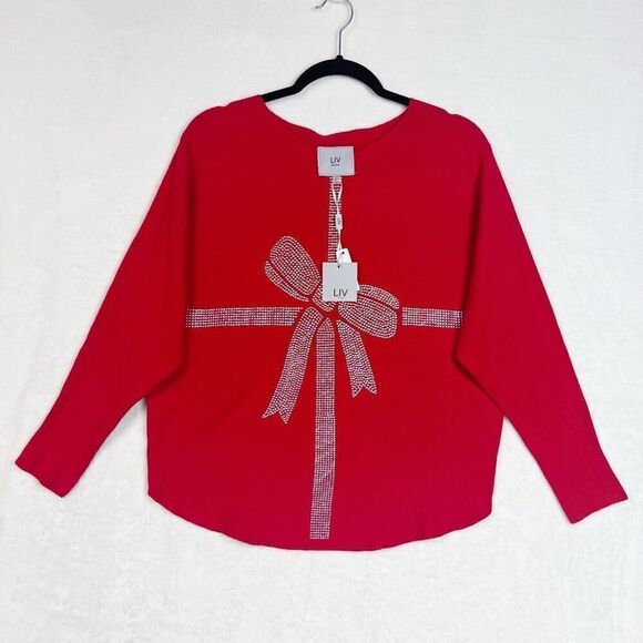 LIV Milano Deep Red Bow Rhinestone Embellished Sweater Dolman Sleeve Size L NWT - Picture 1 of 9